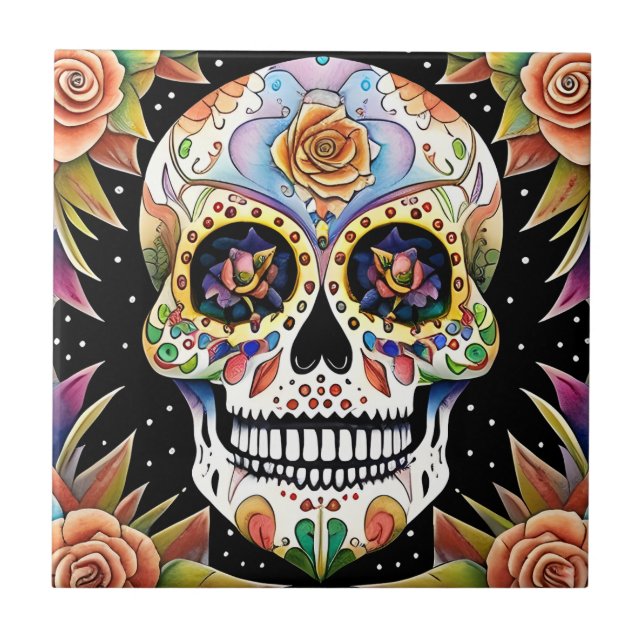 Sugar Skull Art - Farbiges mexikanisches Fiesta De Fliese (Vorderseite)