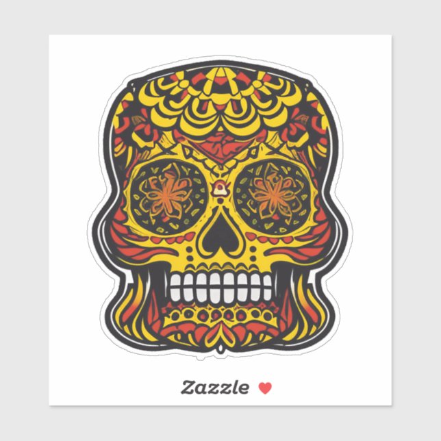 Sugar Skull Art - Farbiges Rot mit Gelb Aufkleber (Blatt)