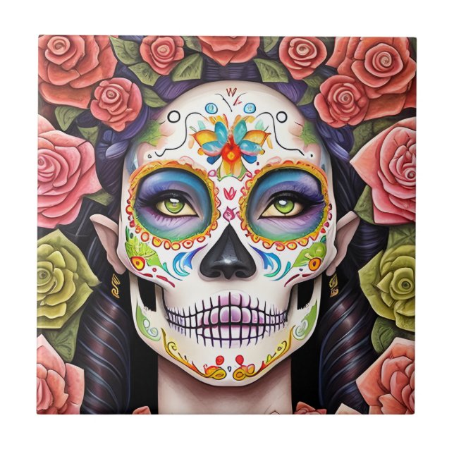 Sugar Skull Art - Frau im Dazzling Makeup Fliese (Vorderseite)