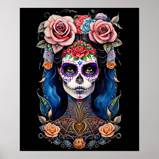 Sugar Skull Art - Frau im wunderschönen Schädel Ma Poster (Vorne)