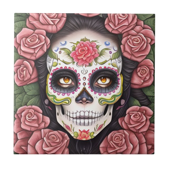 Sugar Skull Art - Frau mit Makeup Fliese (Vorderseite)
