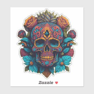 Sugar Skull Art - in Rot, Blau und Gold Aufkleber