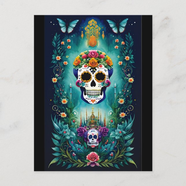 Sugar Skull Art - Inspiriert von mexikanischen Tra Postkarte (Vorderseite)