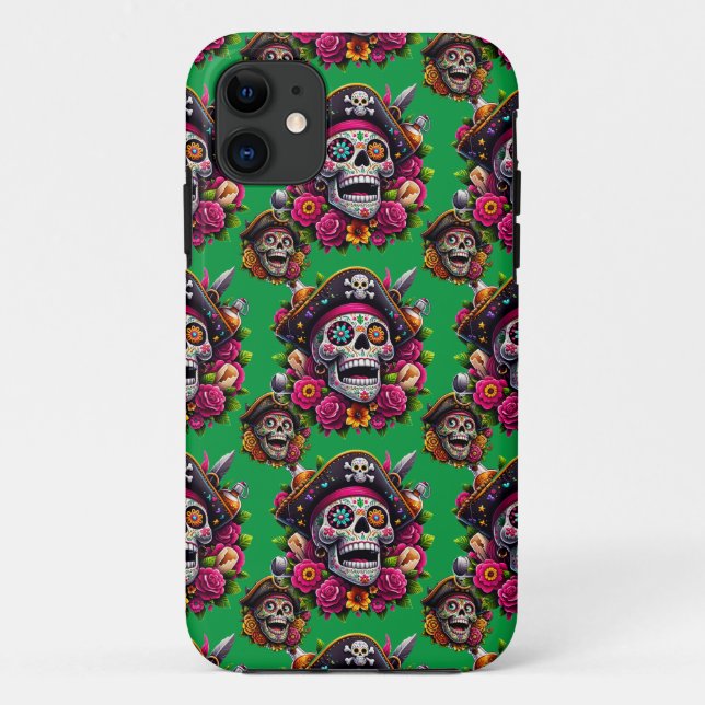 Sugar Skull Art - Jolly Pirate Skull (grün) Case-Mate iPhone Hülle (Rückseite)