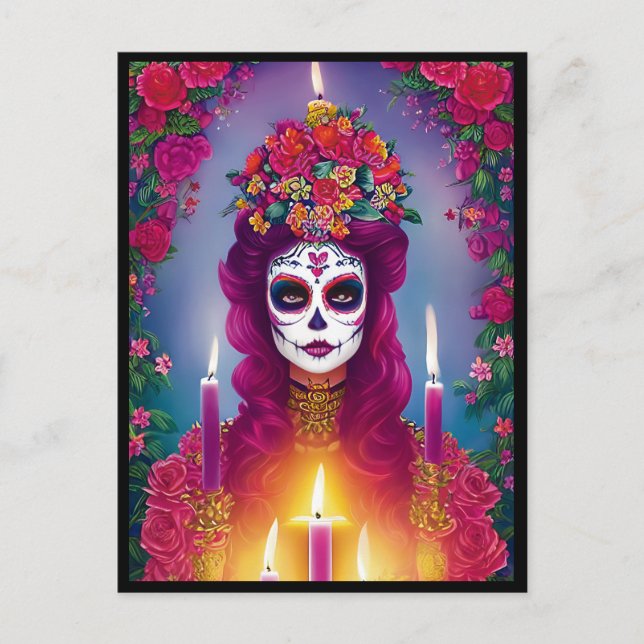 Sugar Skull Art - Schöne Frau im Altar Postkarte (Vorderseite)