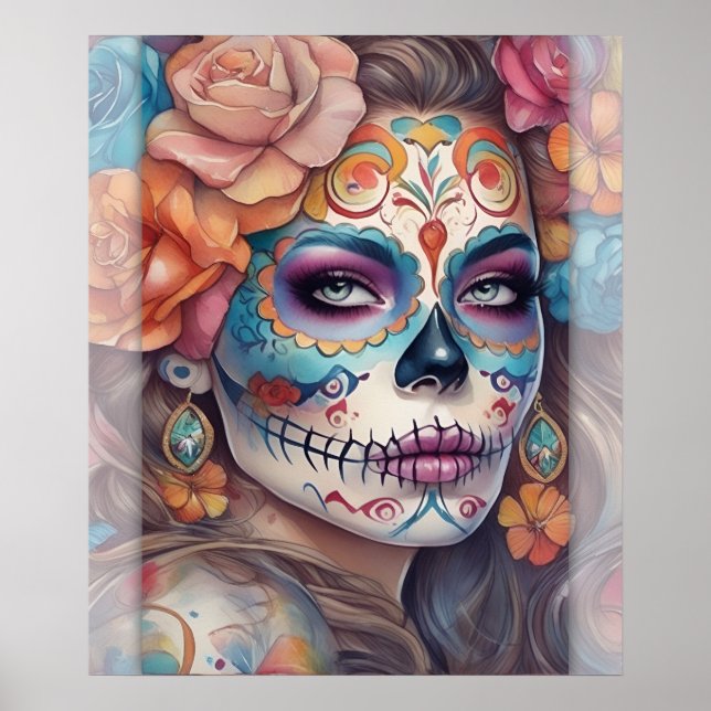 Sugar Skull Art - Schöne Frau im Skull Makeup Poster (Vorne)