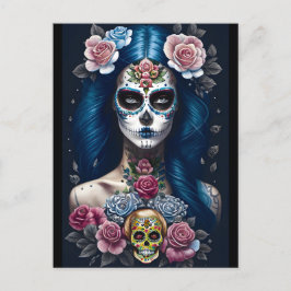 Sugar Skull Art - Strickende Frau im Skull Makeup Postkarte
