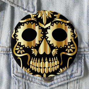 Sugar Skull Art, Tag des Toten Schwarzen und Gold Button