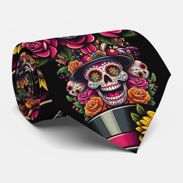 Sugar Skull Art - Top Hat Floral Fiesta Krawatte (Gerollt)