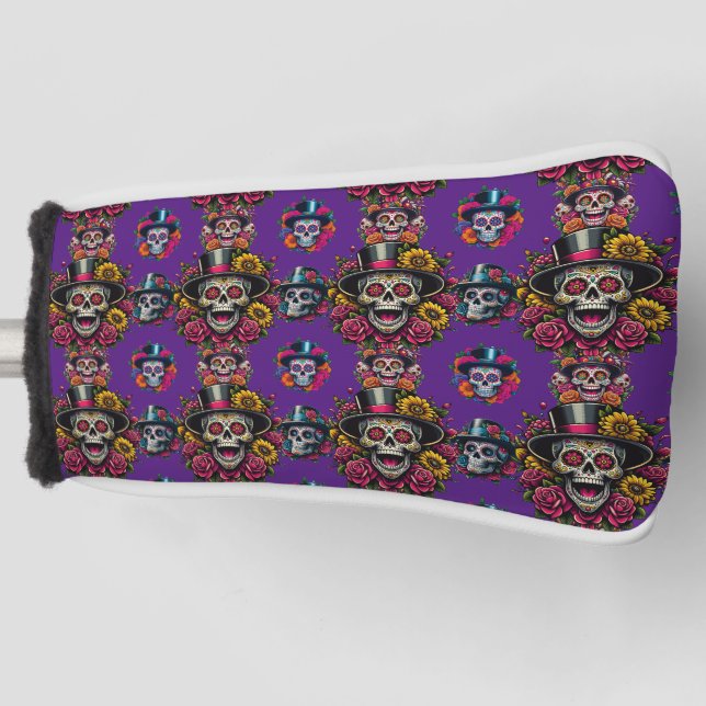 Sugar Skull Art - Top Hat Floral Fiesta (Lila) Golf Headcover (Vorderseite)
