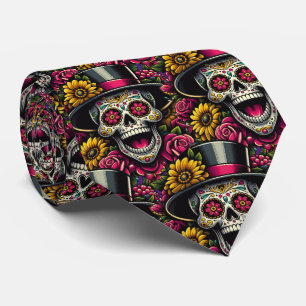 Sugar Skull Art - Top Hut und Sonnenblume Calavera Krawatte