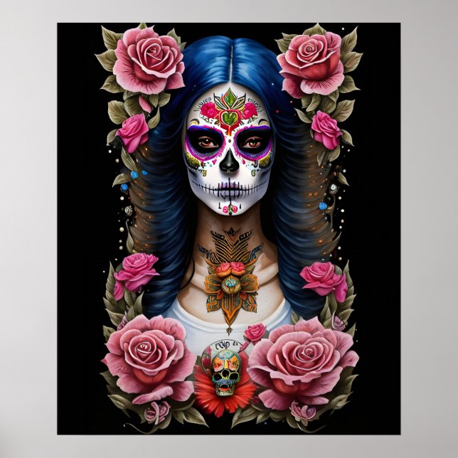 Sugar Skull Art - Traditionelle Frau Poster (Vorne)