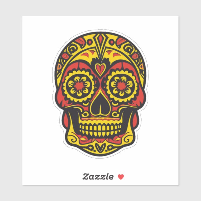 Sugar Skull Art - Traditionelles Rot/Gold mit Herz Aufkleber (Blatt)