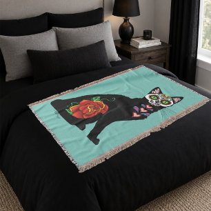 Sugar Skull Black Cat Decke