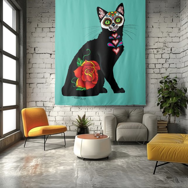Sugar Skull Black Cat Wandteppich (Von Creator hochgeladen)
