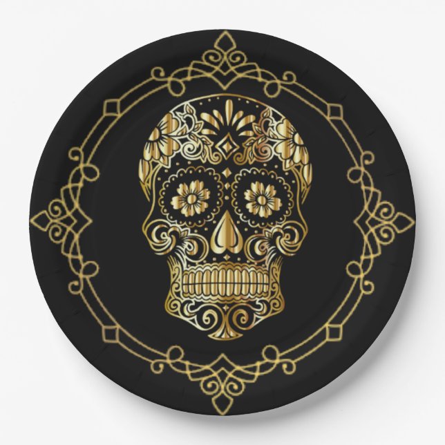 Sugar Skull Black und Gold Luncheon Pappteller (Vorderseite)