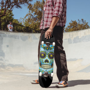 Sugar Skull Blue Floral Skateboard