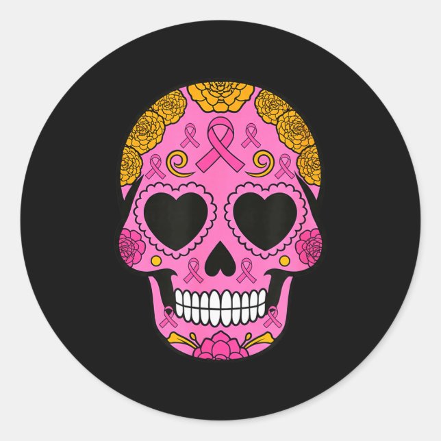 Sugar Skull Breast Cancer Awareness Nk Ribbon Cala Runder Aufkleber (Vorderseite)