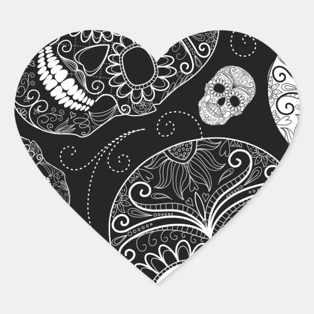 Sugar Skull BW Herz-Aufkleber (Vorderseite)