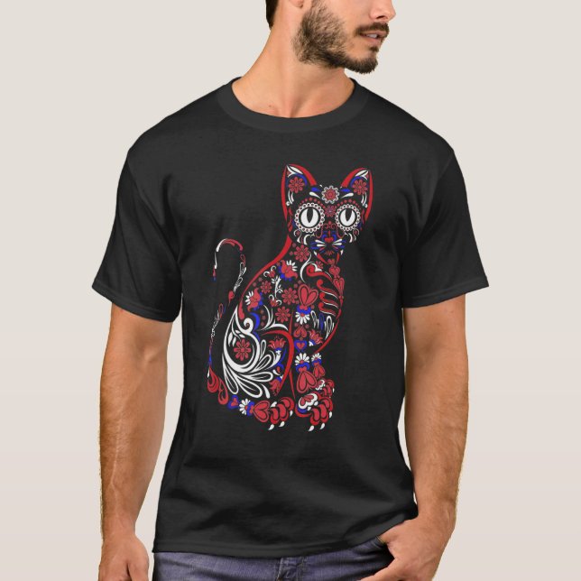 Sugar Skull Cat 4th Of July Kitten Kitty Patriotic T-Shirt (Vorderseite)