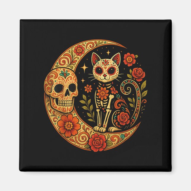 Sugar Skull Cat Moon Dia De Los Muertos Funny Hall Magnet (Vorne)