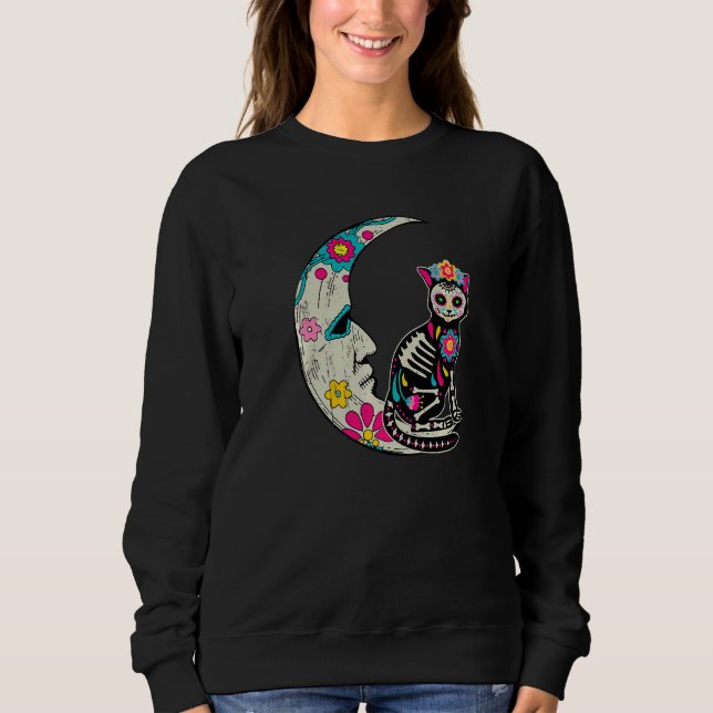 Sugar Skull Cat Moon Dia De Los Muertos Mexican Da Sweatshirt (Vorderseite)
