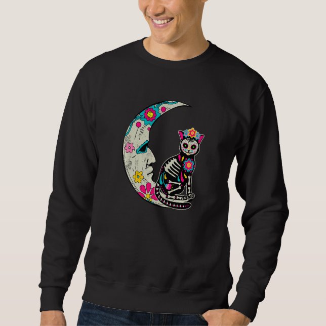 Sugar Skull Cat Moon Dia De Los Muertos Mexican Da Sweatshirt (Vorderseite)