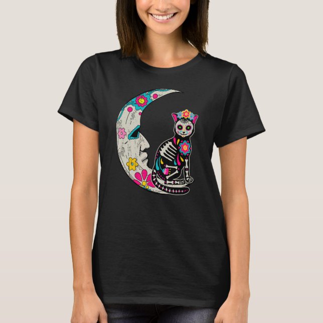 Sugar Skull Cat Moon Dia De Los Muertos Mexican Da T-Shirt (Vorderseite)