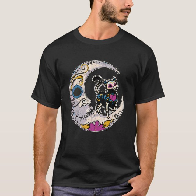Sugar Skull Cat Moon Dia De Los Muertos Mexican Da T-Shirt (Vorderseite)