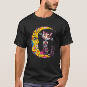Sugar Skull Cat und Moon Dia de Los Muertos Mexiko T-Shirt