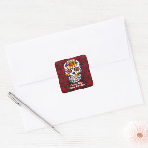 Sugar Skull Cinco de Mayo Rote Blume Name Quadratischer Aufkleber