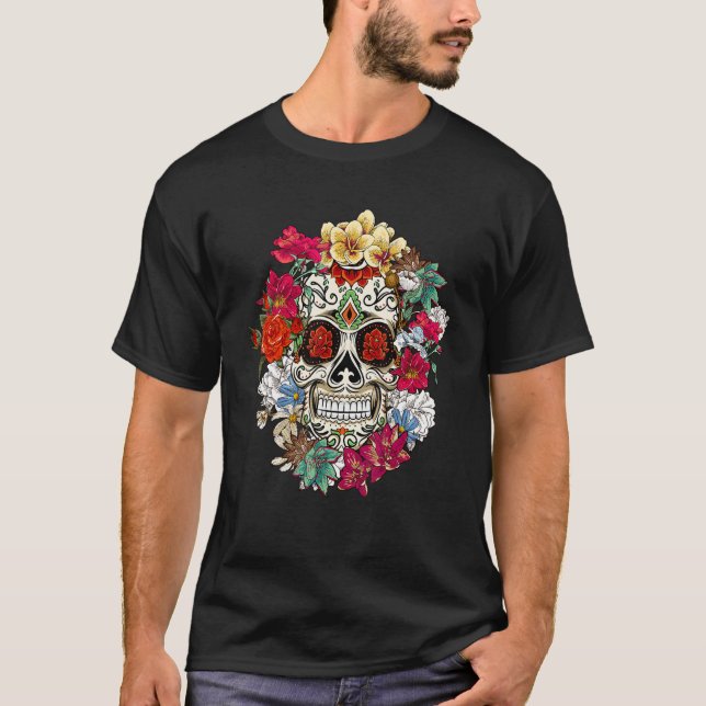 Sugar Skull Day Of Dead Dia De Los Muertos Flowers T-Shirt (Vorderseite)