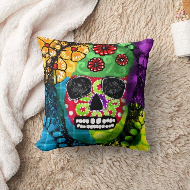 Sugar Skull Day of the Dead Floral Green Blue Kissen (Decke)