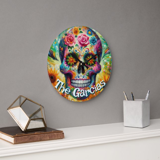 Sugar Skull Day of the Dead Floral Personalized Große Wanduhr (Büro)
