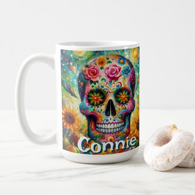 Sugar Skull Day of the Dead Floral Personalized Kaffeetasse (Mit Donut)