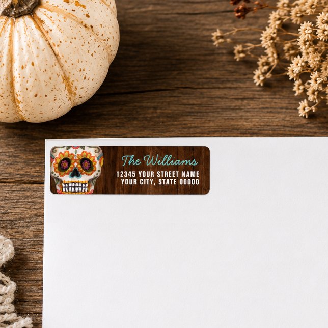 Sugar Skull Day of the Dead Halloween Wood (Send out festive seasonal mail with this rustic sugar skull Day of the Dead Halloween design. )