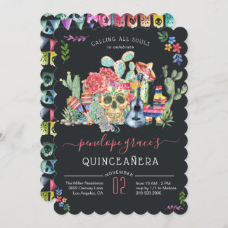 Sugar Skull Day of the Dead Quinceañera Einladung