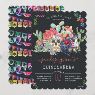Sugar Skull Day of the Dead Quinceañera Einladung
