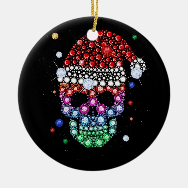 Sugar Skull Dimond mit Weihnachtsmannmütze Frohe W Keramik Ornament (Vorne)