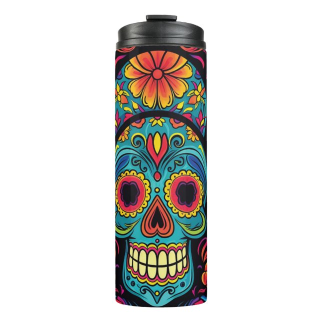 Sugar Skull Folk Art Day of the Dead Halloween Thermosbecher (Vorderseite)