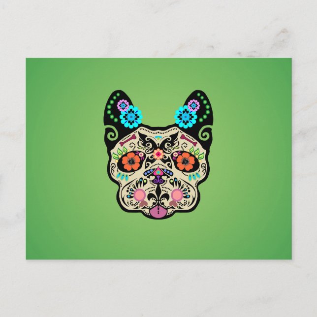 Sugar Skull Frenchie - Green Postkarte (Vorderseite)