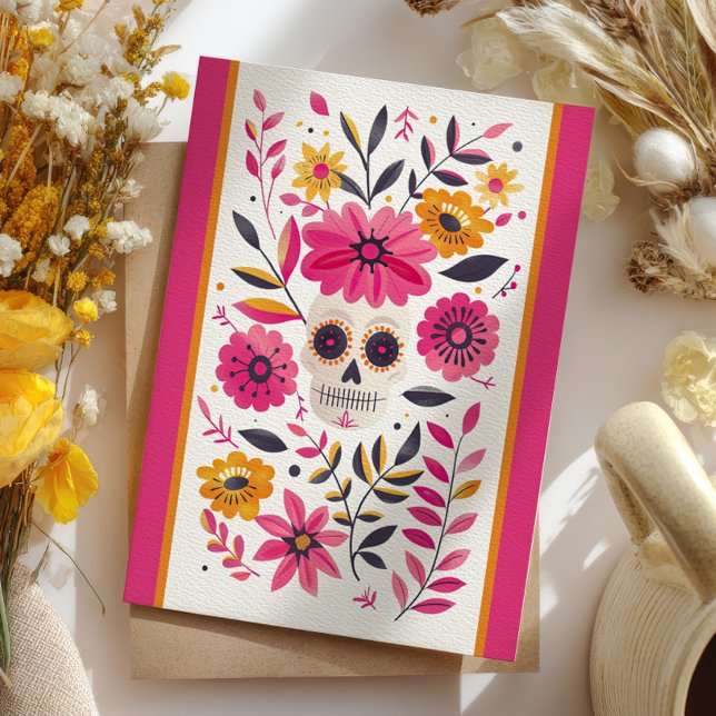 Sugar Skull Fuchsia Mexikanische Blume Cinco de Ma Postkarte (Von Creator hochgeladen)