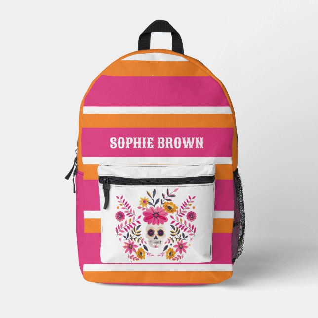 Sugar Skull Fuchsia mexikanische Blume mit Namen Bedruckter Rucksack (Vorderseite)