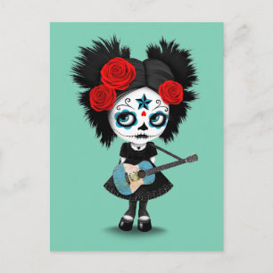 Sugar Skull Girl Playing Guatemala Flag Guitar Postkarte