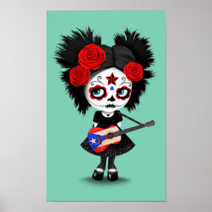 Sugar Skull Girl Playing Puerto Rico Flag Gitarre Poster