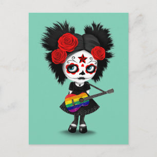 Sugar Skull Girl Playing Rainbow Flag Gitarre Postkarte