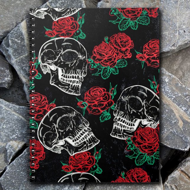 Sugar Skull Glam | Moderne Gotische Rote Rose Notizblock (Von Creator hochgeladen)