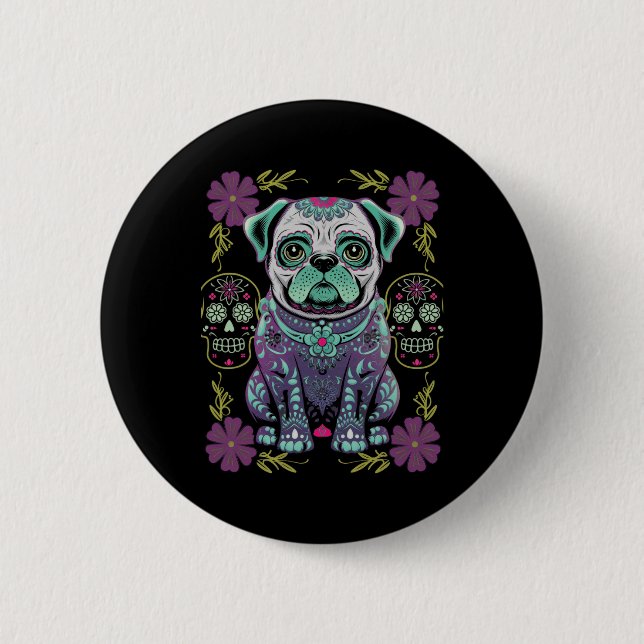 Sugar Skull Halloween Day Dead Mops Dia Los Muerto Button (Vorderseite)