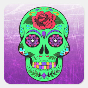 Sugar Skull Halloween Lime Green Lila Quadratischer Aufkleber