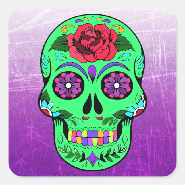 Sugar Skull Halloween Lime Green Lila Quadratischer Aufkleber (Vorderseite)